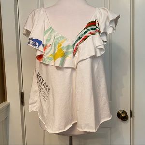 AKEMI + KIN TOP TEE TANK SLEEVELESS V-NECK & BACK WHITE GRAY GRAPHIC SIZE L*